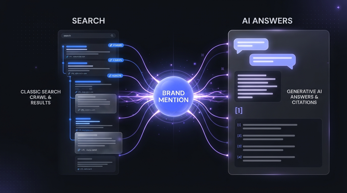 One brand mention earning visibility in both Google search results and AI answer engines
