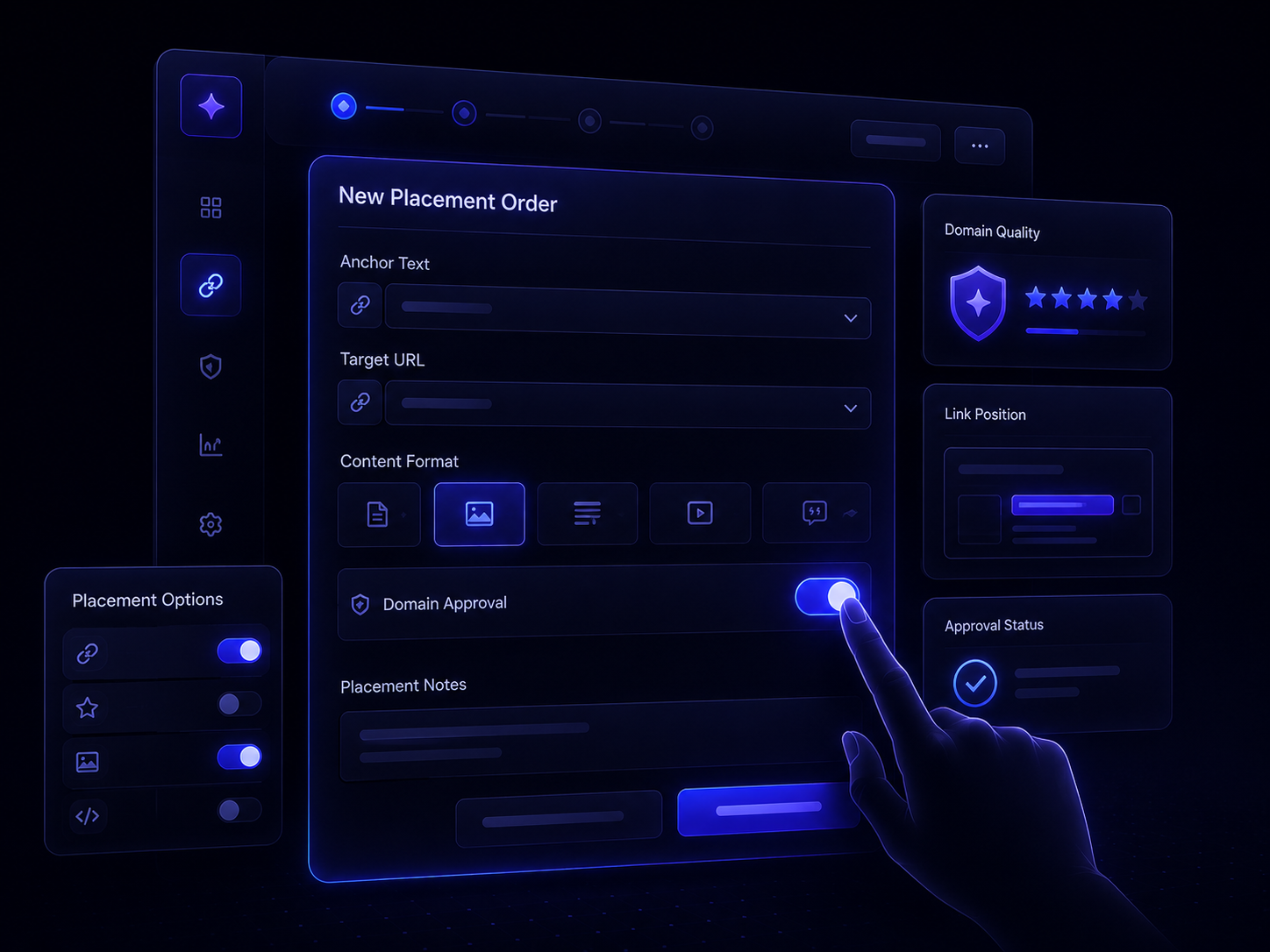 Order controls for anchor text, target URL, content format, and per-domain approval